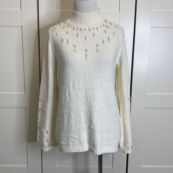 Chico's Sweaters - Chicos Embellished Mock Neck Pullover Sweater Ecru Rhinestone Pearl 0 Small